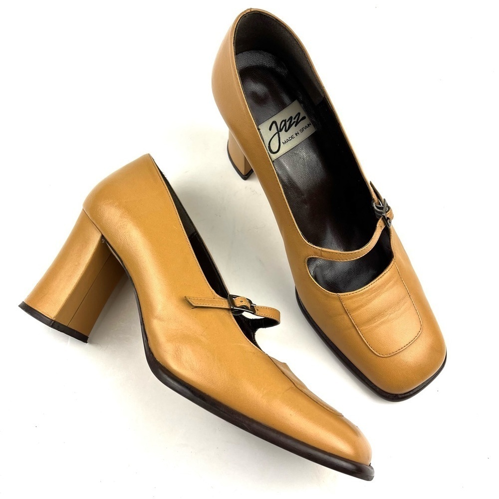 Vintage Retro Mary Jane square toe chunky heel tan leather shoes size 8